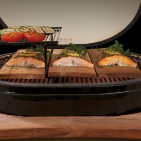 Saumon grillant sur un barbecue en céramique de marque Primo