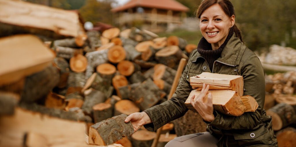 Comment empiler du bois de corde - une dame empile son bois de chauffage
