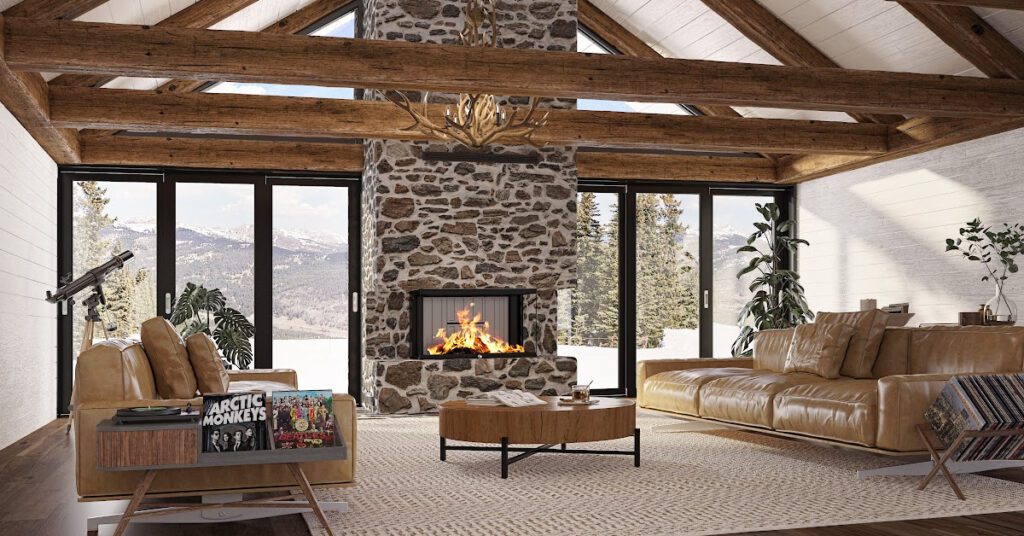La chaleur et la sécurité de chauffer au bois avec un foyer de marque Ambiance Luxus brûlant dans le salon d'un chalet de montagne en hiver