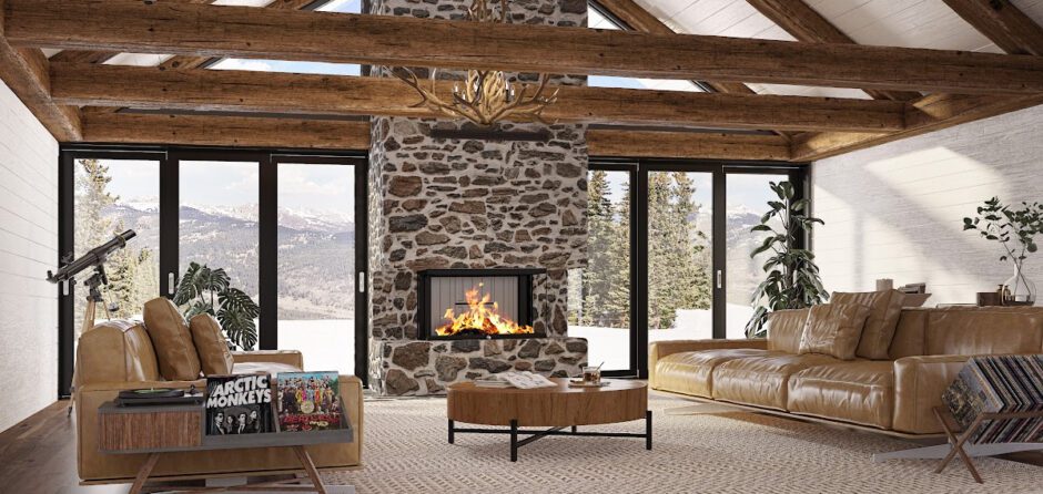 La chaleur et la sécurité d'un foyer de marque Ambiance Luxus brûlant dans le salon d'un chalet de montagne en hiver