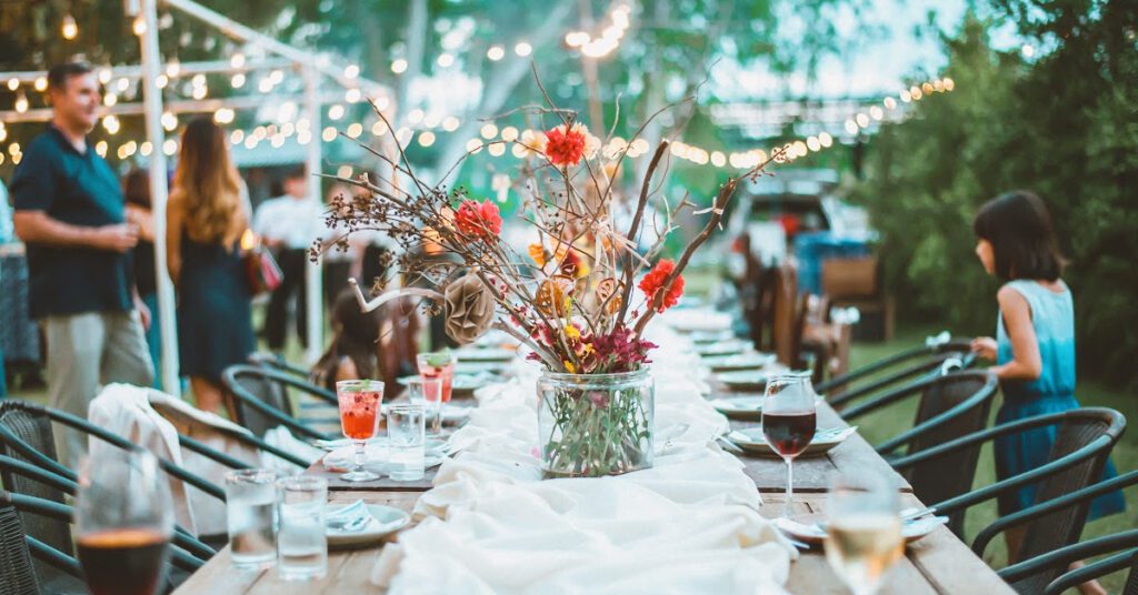 a table is ready for a large crowd outside